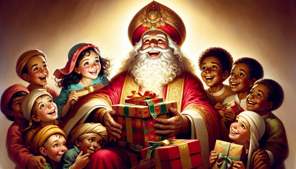 Illustration of St. Nicholas in red-and-gold bishop's robes and a jeweled mitre, distributing wrapped gifts to a diverse group of smiling children.