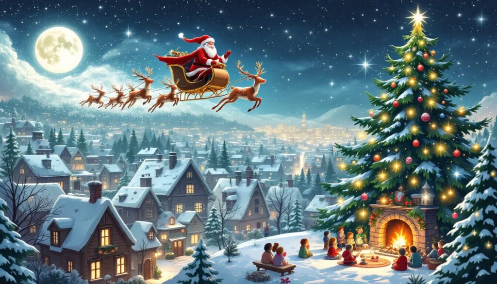 Santa Claus flying in a golden sleigh pulled by reindeer over a snow-covered village on Christmas Eve, with a decorated tree and children gathered by a fireplace below.