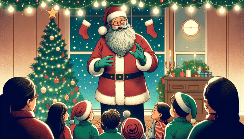 Santa Claus standing in a warmly decorated Christmas living room, gesturing as he tells a story to a gathered audience of adults and children seated around him.