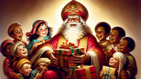 Illustration of St. Nicholas of Myra giving gifts to children