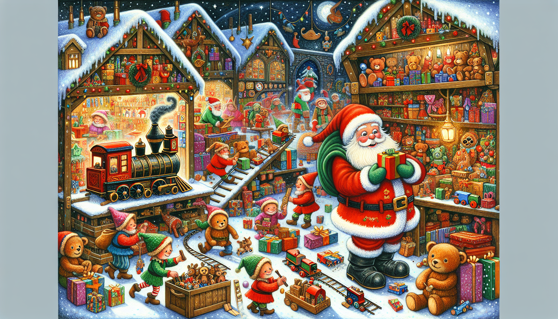 Illustration of Santa Claus at the North Pole workshop