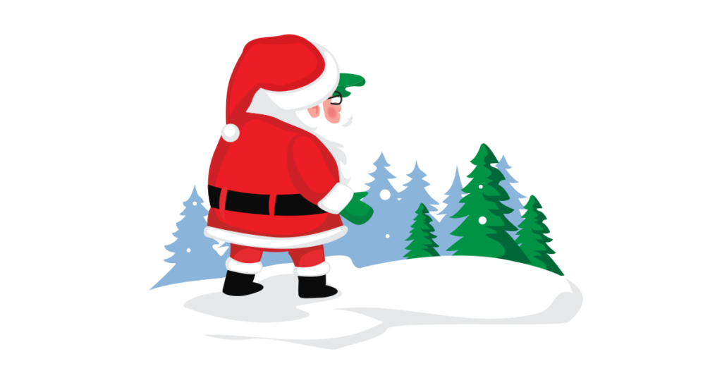 Santa Claus standing in a snowy winter landscape with green and blue pine trees and gently falling snow.