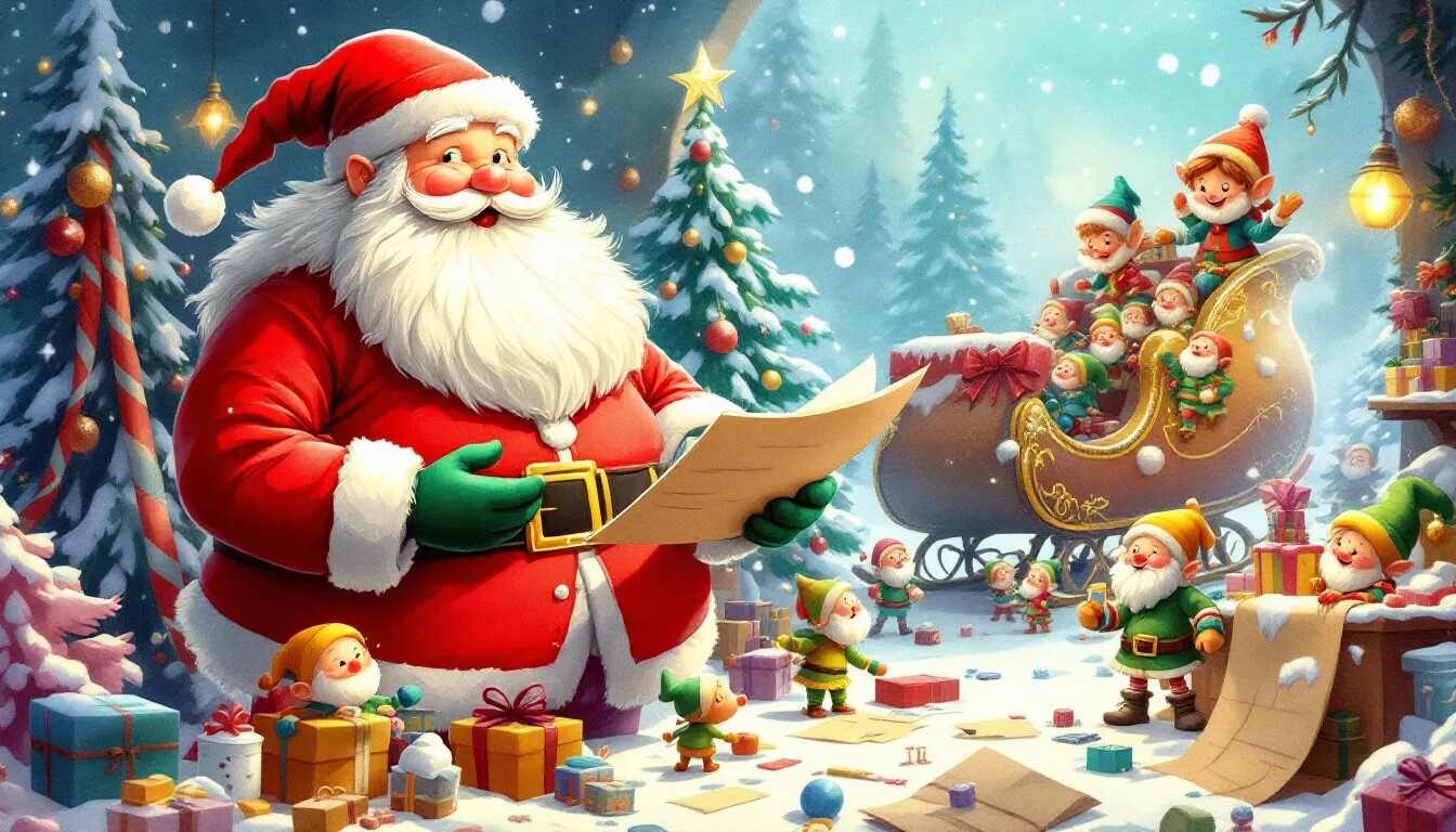 An illustration of Santa Claus preparing for his task of visiting homes on Christmas Eve.