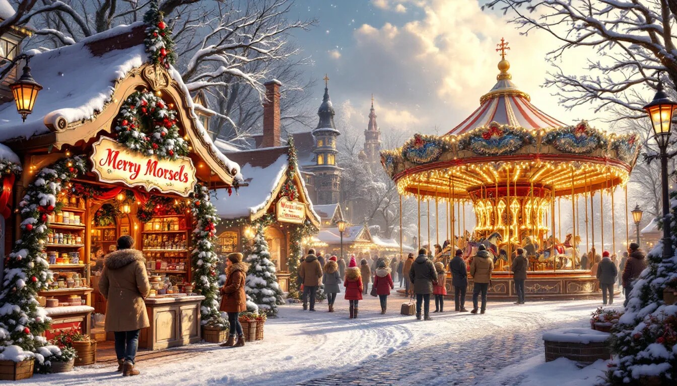 A bustling Christmas market filled with festive stalls and decorations.