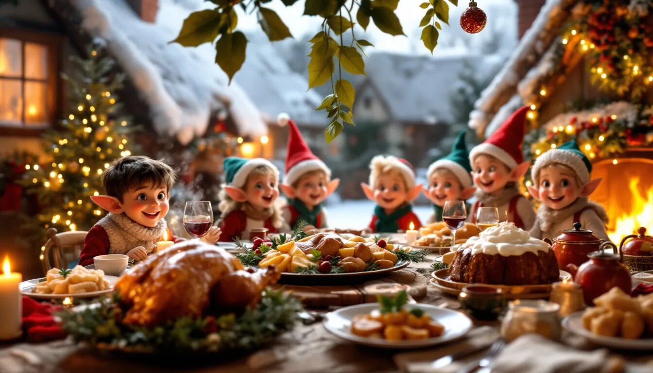 A traditional Christmas dinner featuring classic foods like Christmas pudding and roast beef.