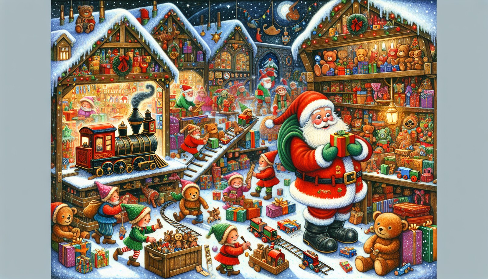 Illustration of Santa Claus at the North Pole workshop