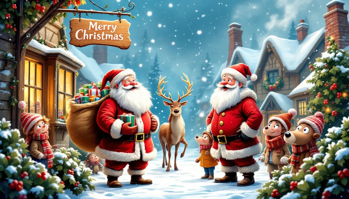 An illustration depicting Santa Claus and Father Christmas in a festive setting.