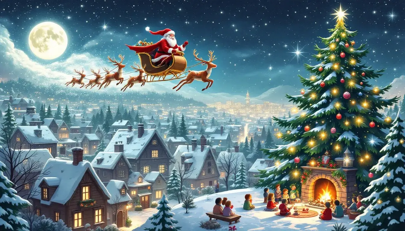An artistic representation of Santa traveling the world in one night, capturing the magic of Christmas and the excitement of children everywhere.