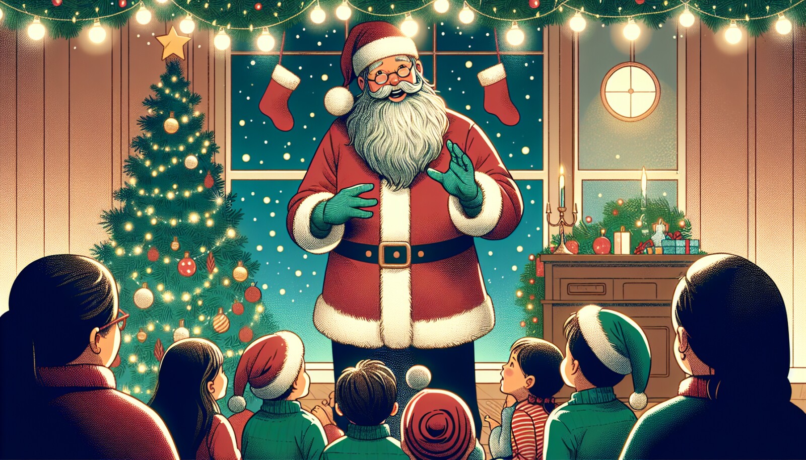 Jolly yet professional Santa Claus with children
