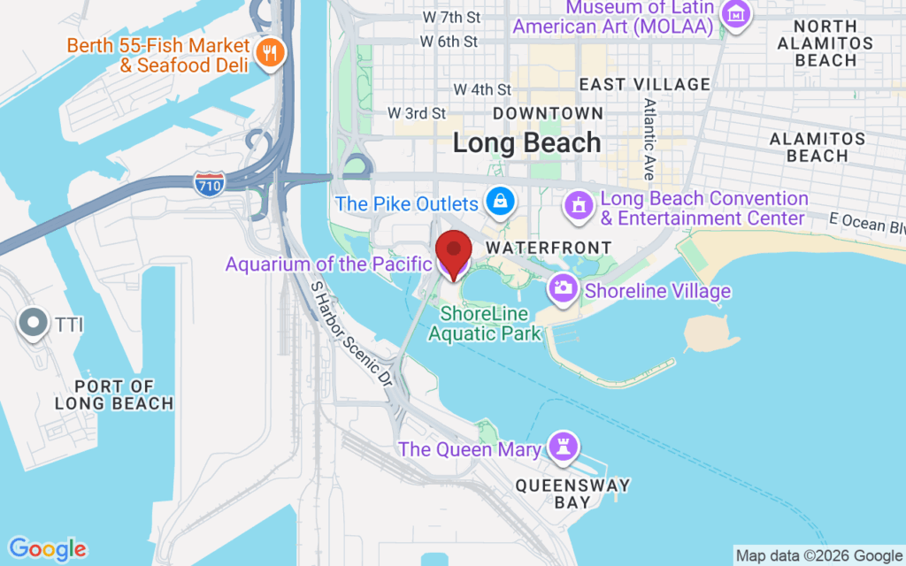 Map showing the location of Holiday Fun at the Aquarium of the Pacific Long Beach in Long Beach