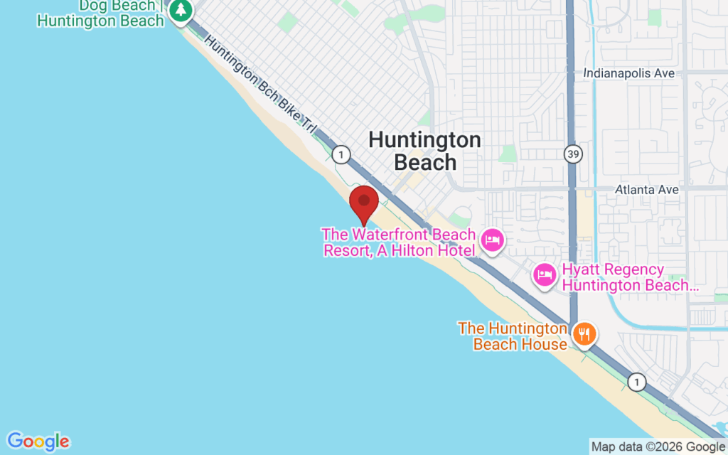 Map showing the location of Holidays at Huntington Beach Pier in Huntington Beach