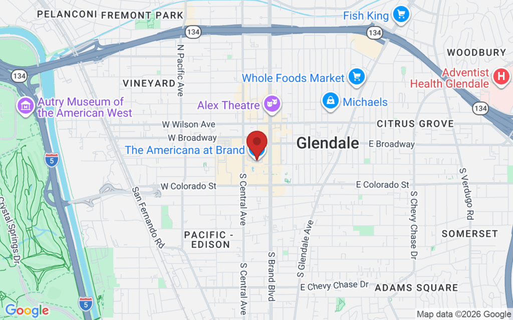 Map showing the location of Holidays at The Americana at Brand in Glendale