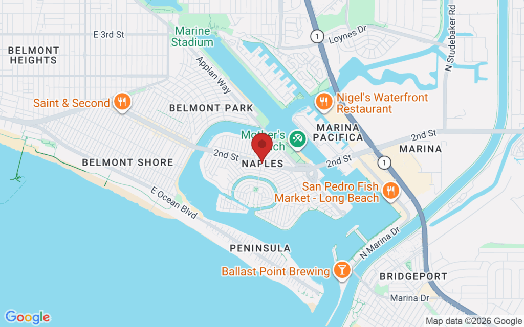 Map showing the location of Naples Island Holiday Boat Parade in Long Beach