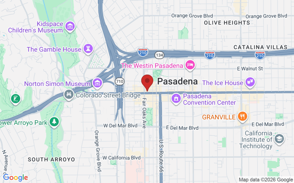 Map showing the location of Old Pasadena Holiday Celebration in Pasadena