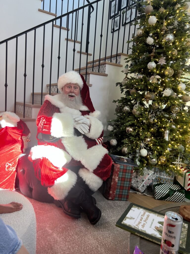 Santa Claus during a live home visit in Manhattan Beach, California