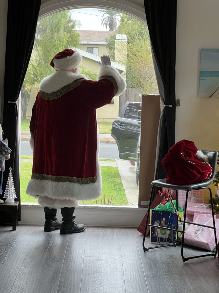 Santa Claus during a live home visit in Torrance, California