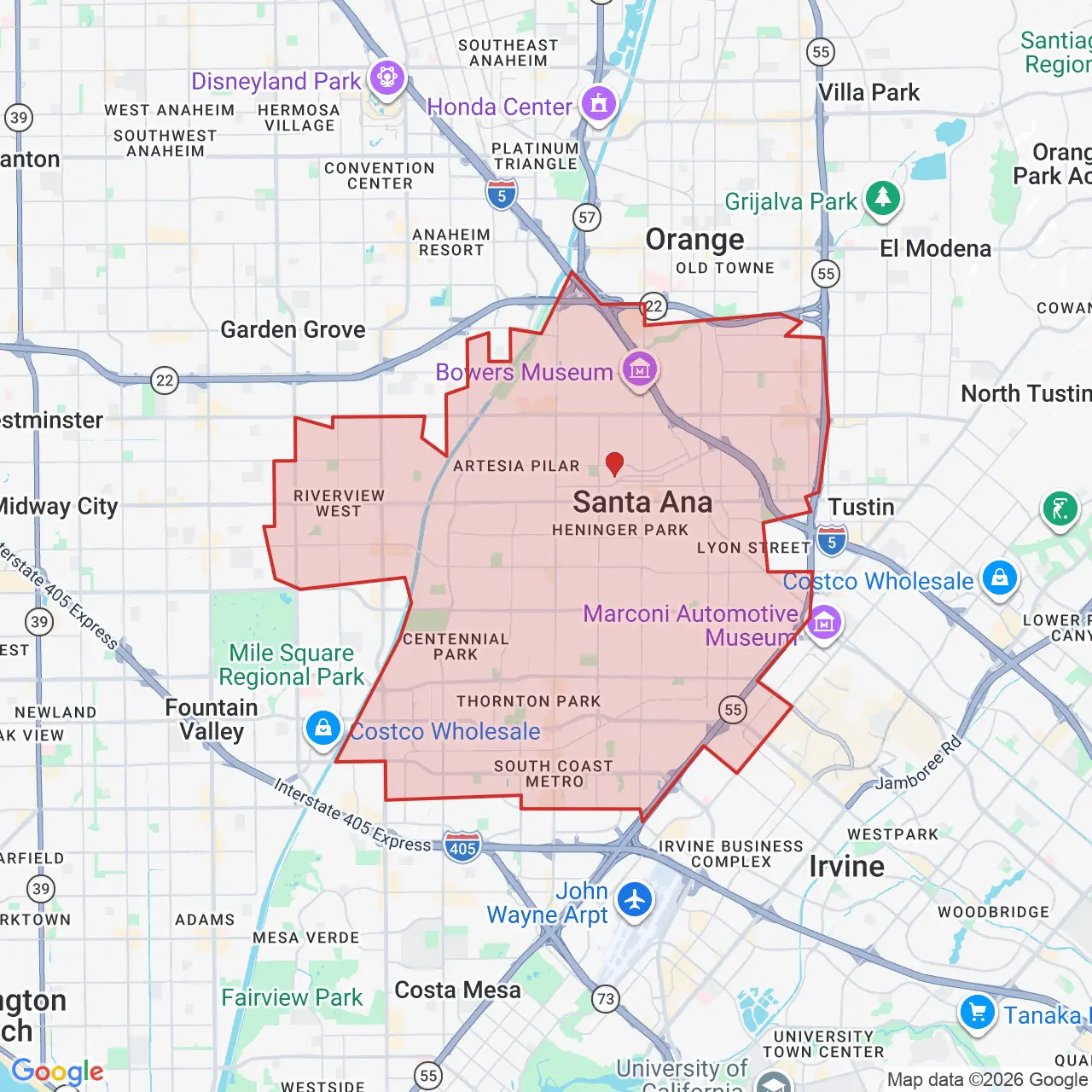 Map of the Santa Ana, CA service area for House of Kringle Santa Claus visits