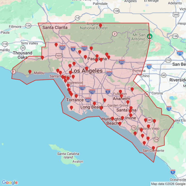 Map of House of Kringle's Santa visit service area across Los Angeles County and Orange County, with 52 city pins marking served locations and both county boundaries outlined in red.