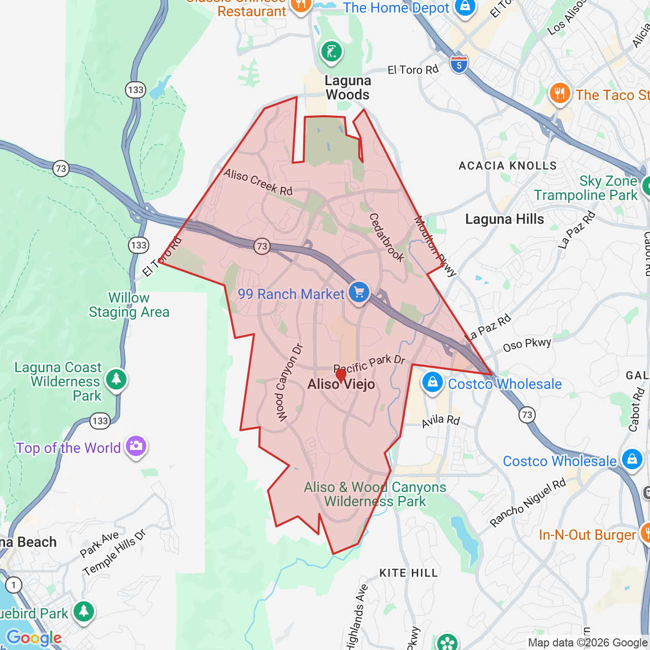 Map showing House of Kringle's Santa visit service location in Aliso Viejo, Orange County, with the city boundary outlined in red.