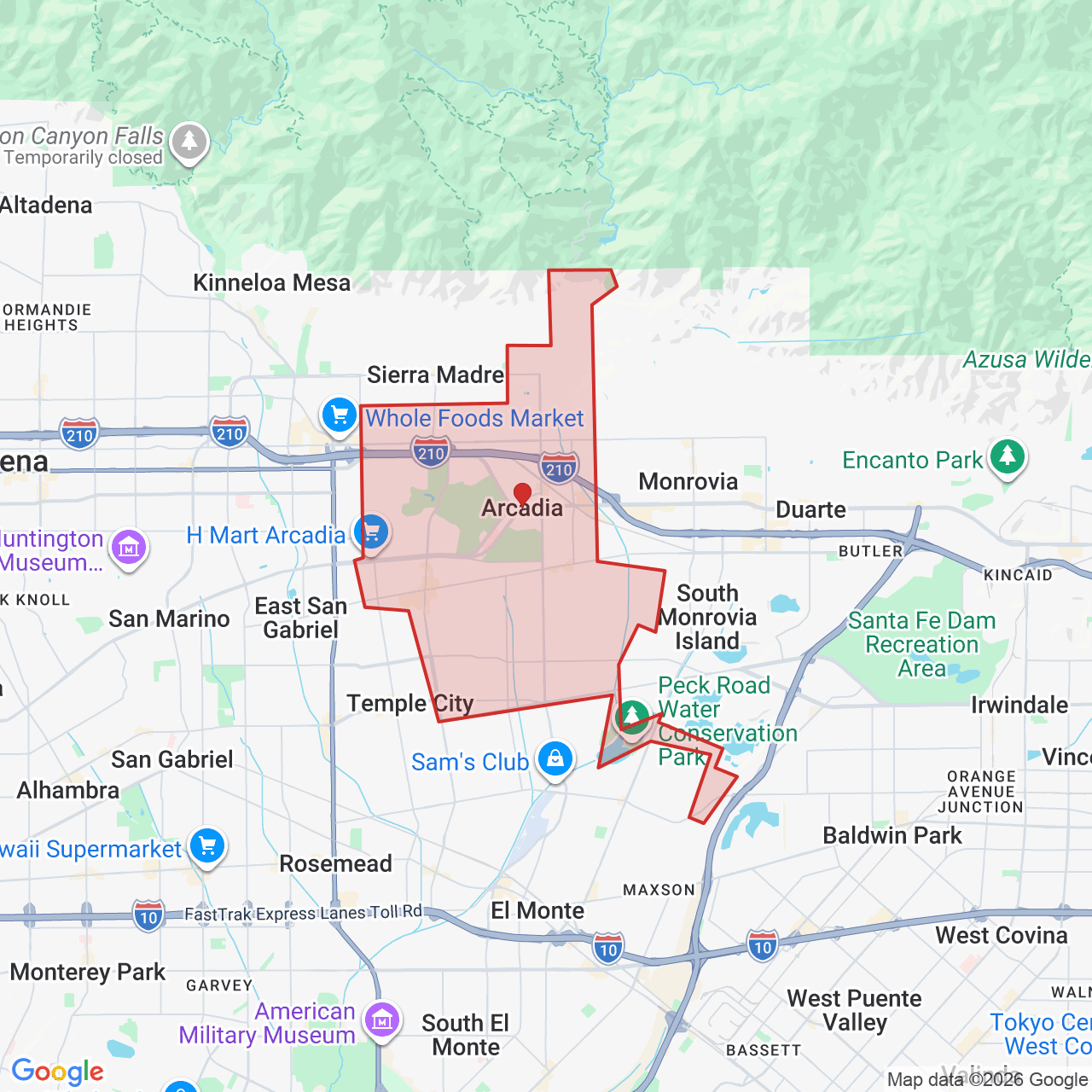 Map showing House of Kringle's Santa visit service location in Arcadia, Los Angeles County, with the city boundary outlined in red.
