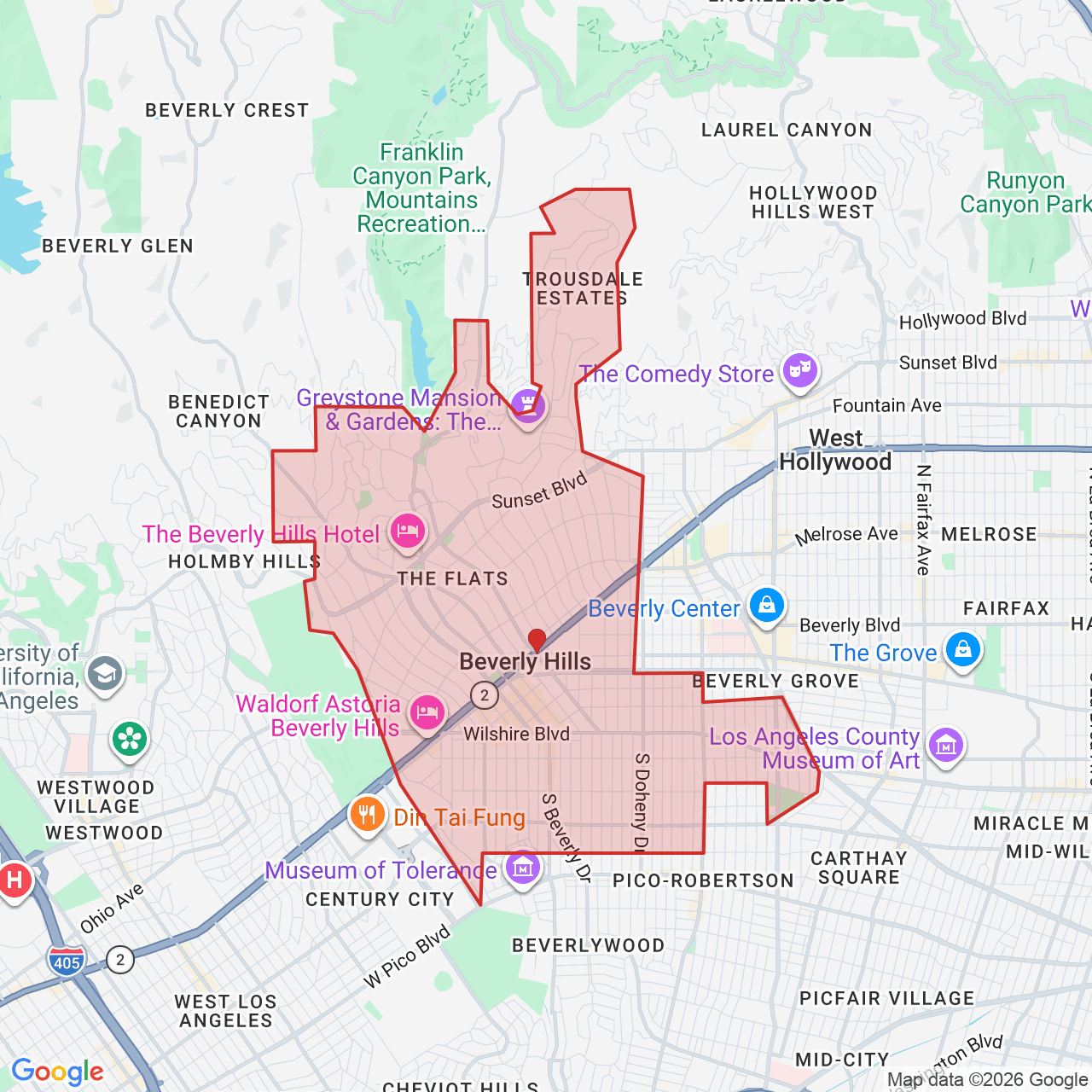 Map showing House of Kringle's Santa visit service location in Beverly Hills, Los Angeles County, with the city boundary outlined in red.