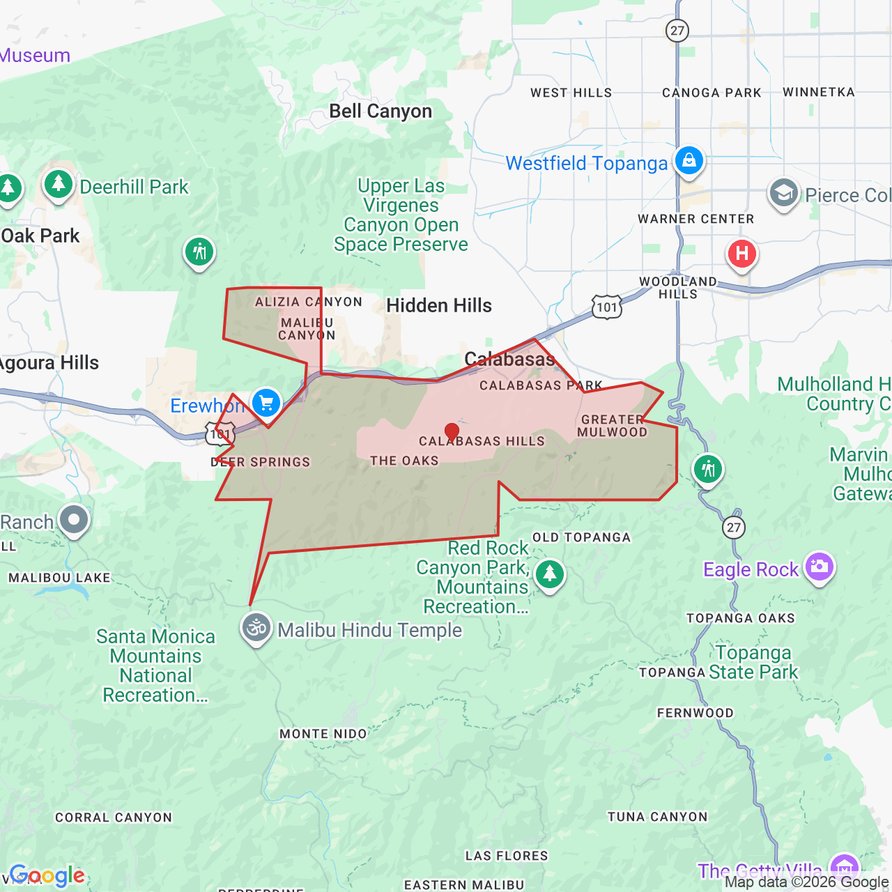 Map showing House of Kringle's Santa visit service location in Calabasas, Los Angeles County, with the city boundary outlined in red.