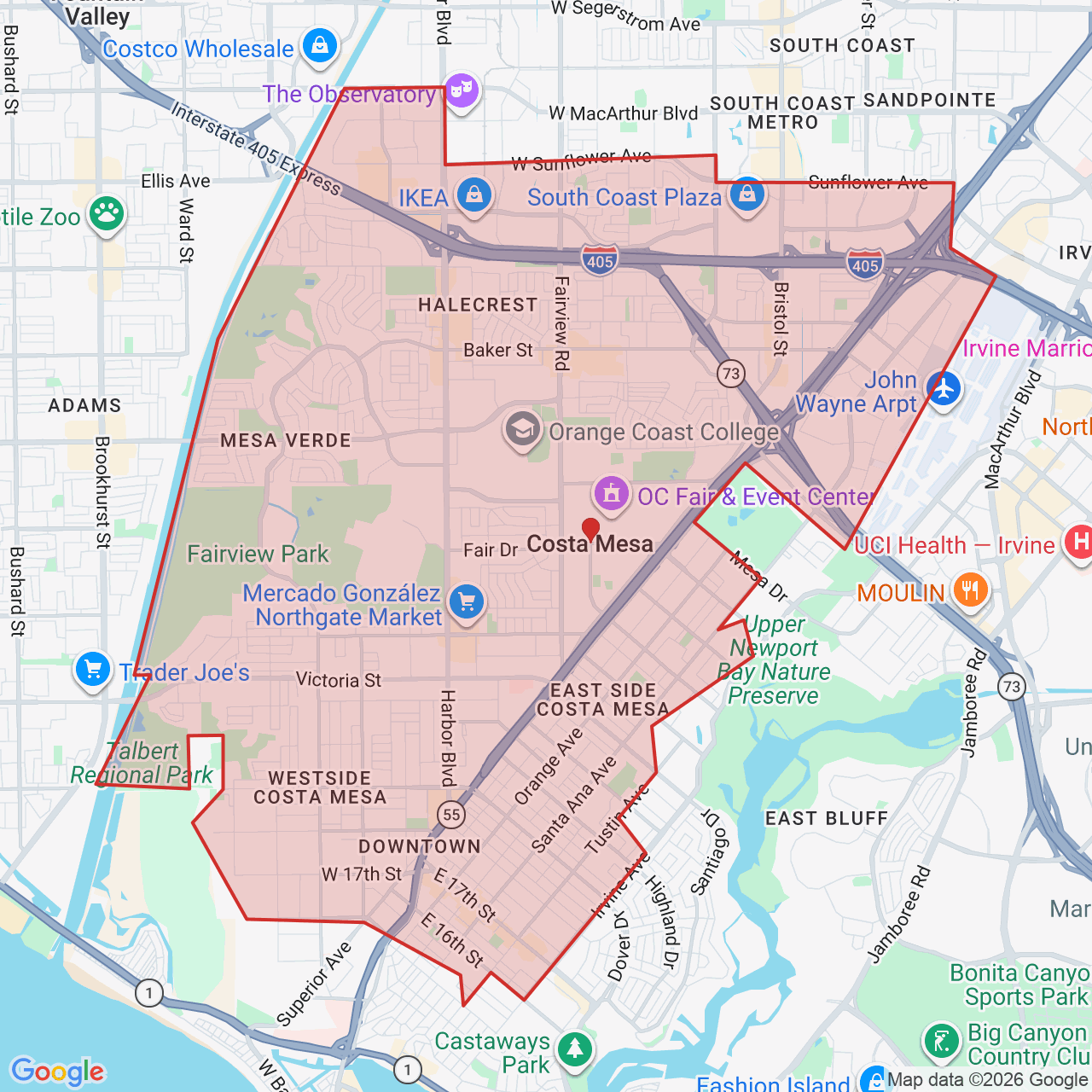 Map showing House of Kringle's Santa visit service location in Costa Mesa, Orange County, with the city boundary outlined in red.