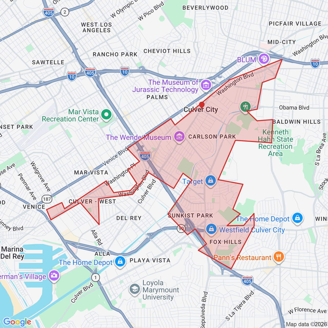 Map showing House of Kringle's Santa visit service location in Culver City, Los Angeles County, with the city boundary outlined in red.