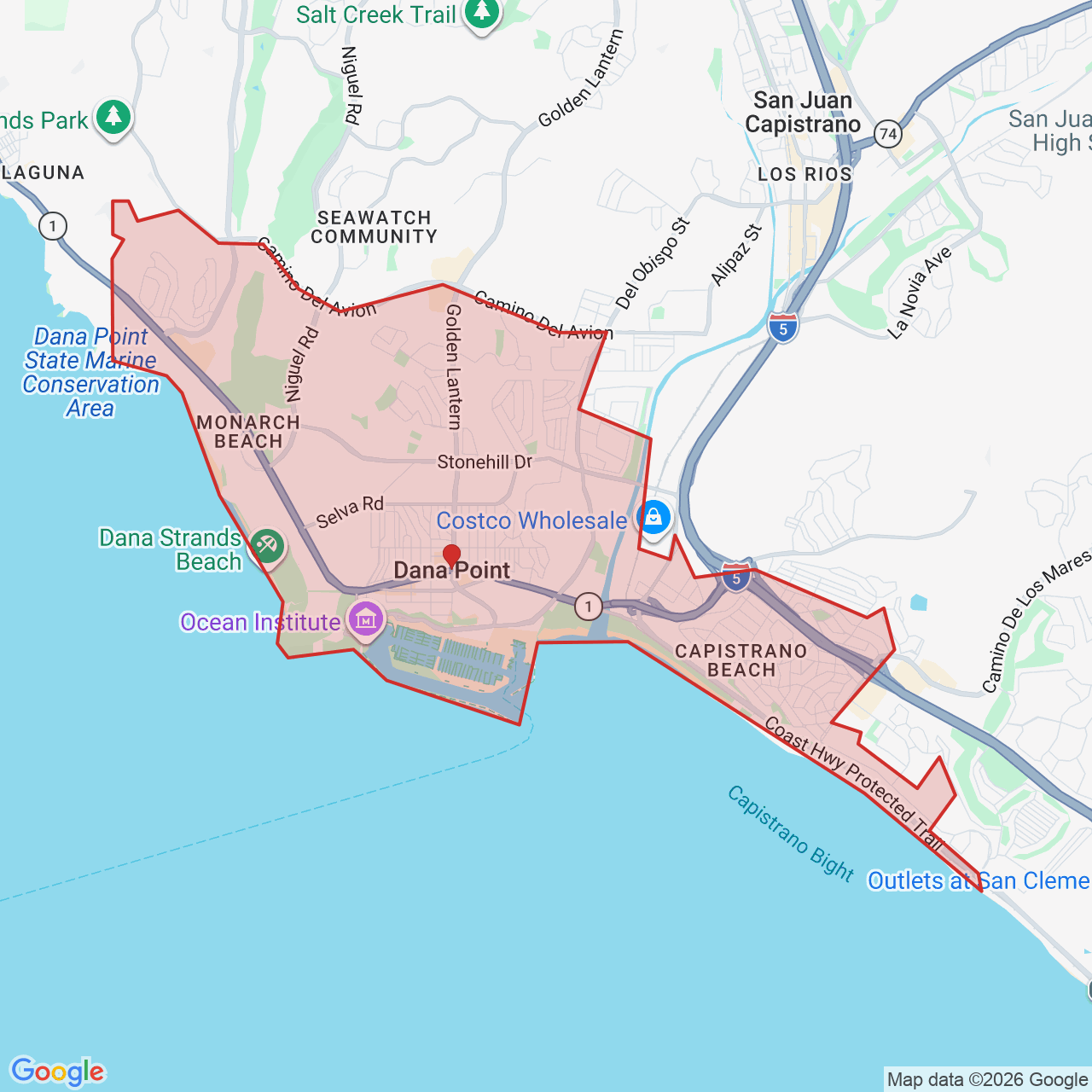 Map showing House of Kringle's Santa visit service location in Dana Point, Orange County, with the city boundary outlined in red.