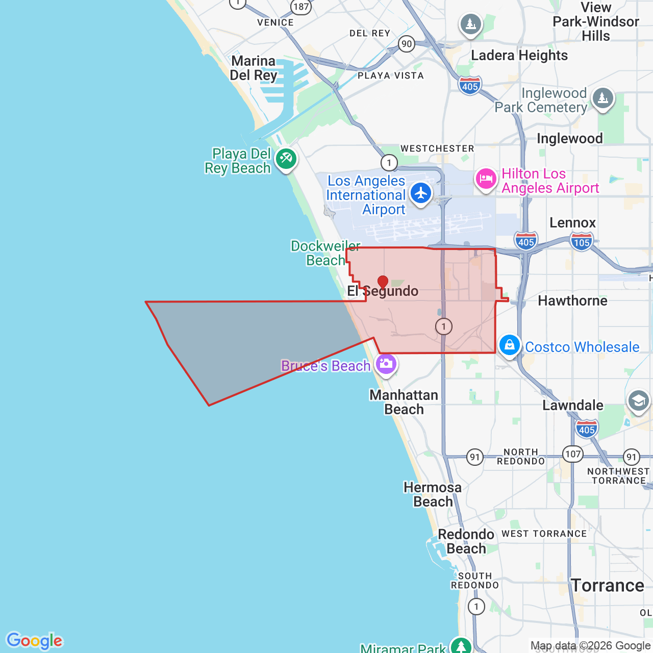 Map showing House of Kringle's Santa visit service location in El Segundo, Los Angeles County, with the city boundary outlined in red.