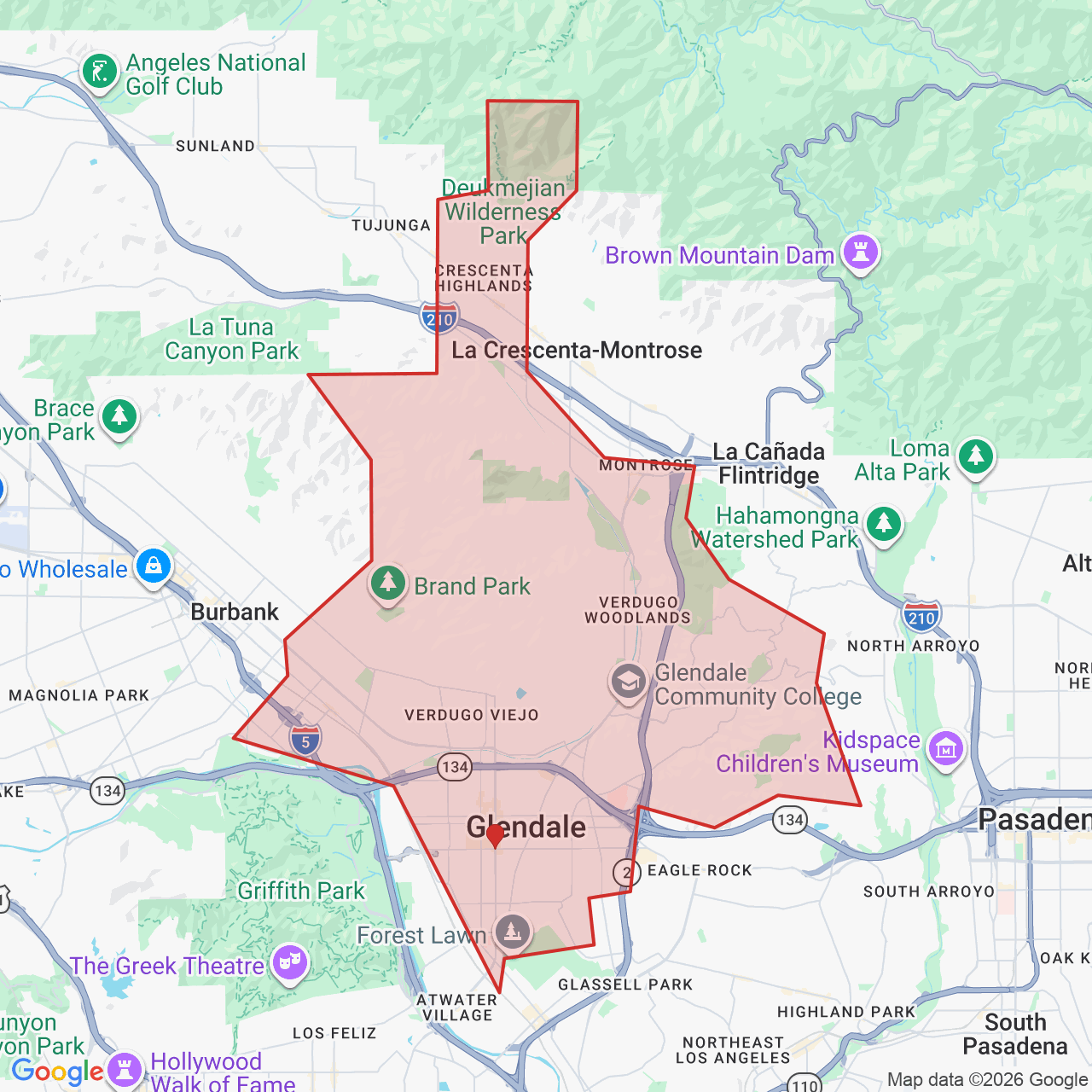 Map showing House of Kringle's Santa visit service location in Glendale, Los Angeles County, with the city boundary outlined in red.