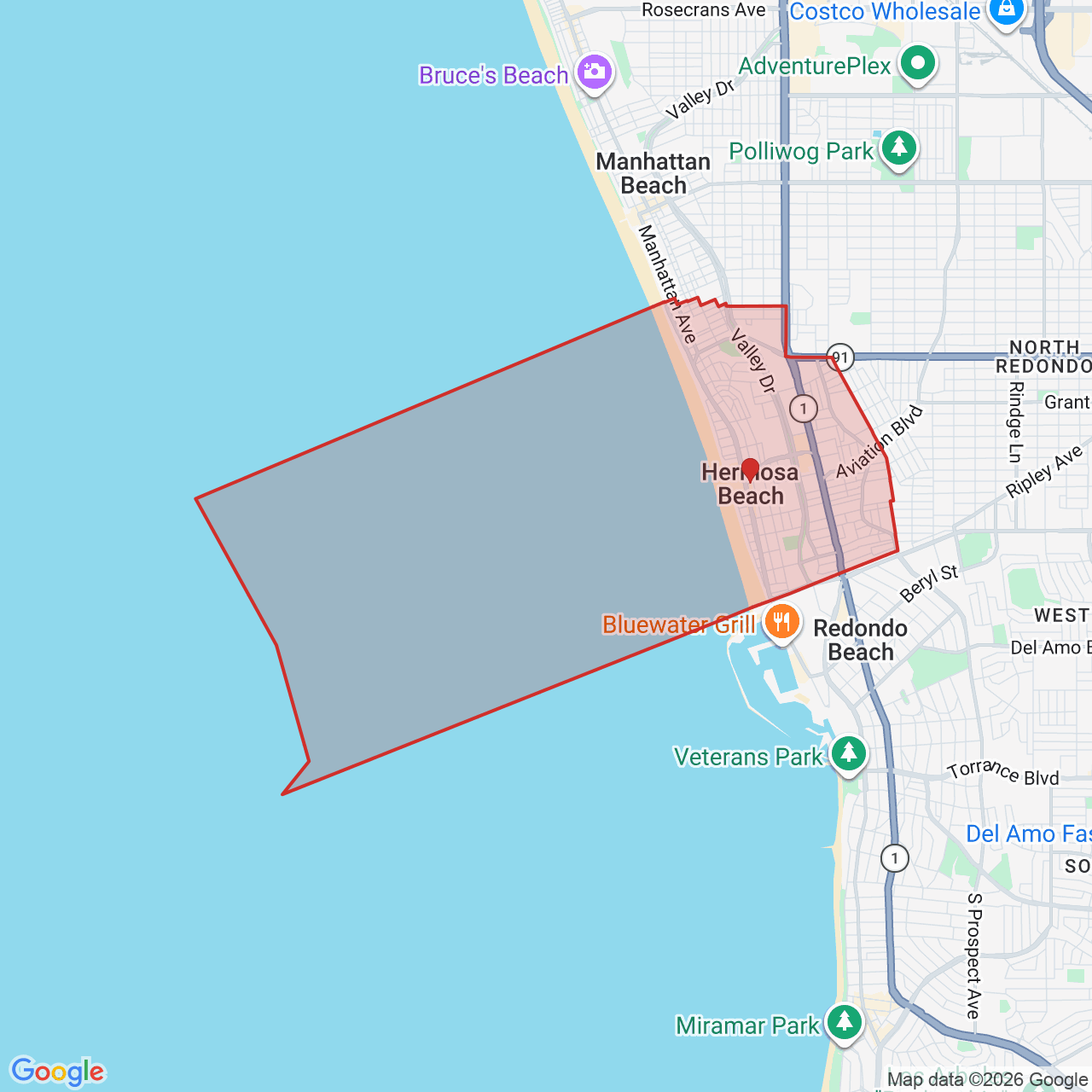 Map showing House of Kringle's Santa visit service location in Hermosa Beach, Los Angeles County, with the city boundary outlined in red.