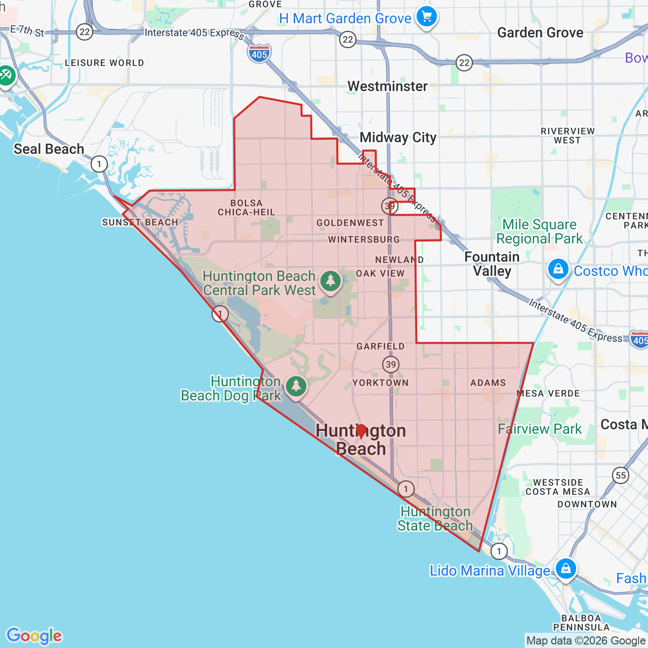 Map showing House of Kringle's Santa visit service location in Huntington Beach, Orange County, with the city boundary outlined in red.