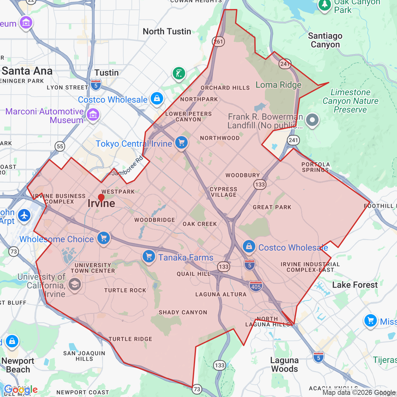 Map showing House of Kringle's Santa visit service location in Irvine, Orange County, with the city boundary outlined in red.