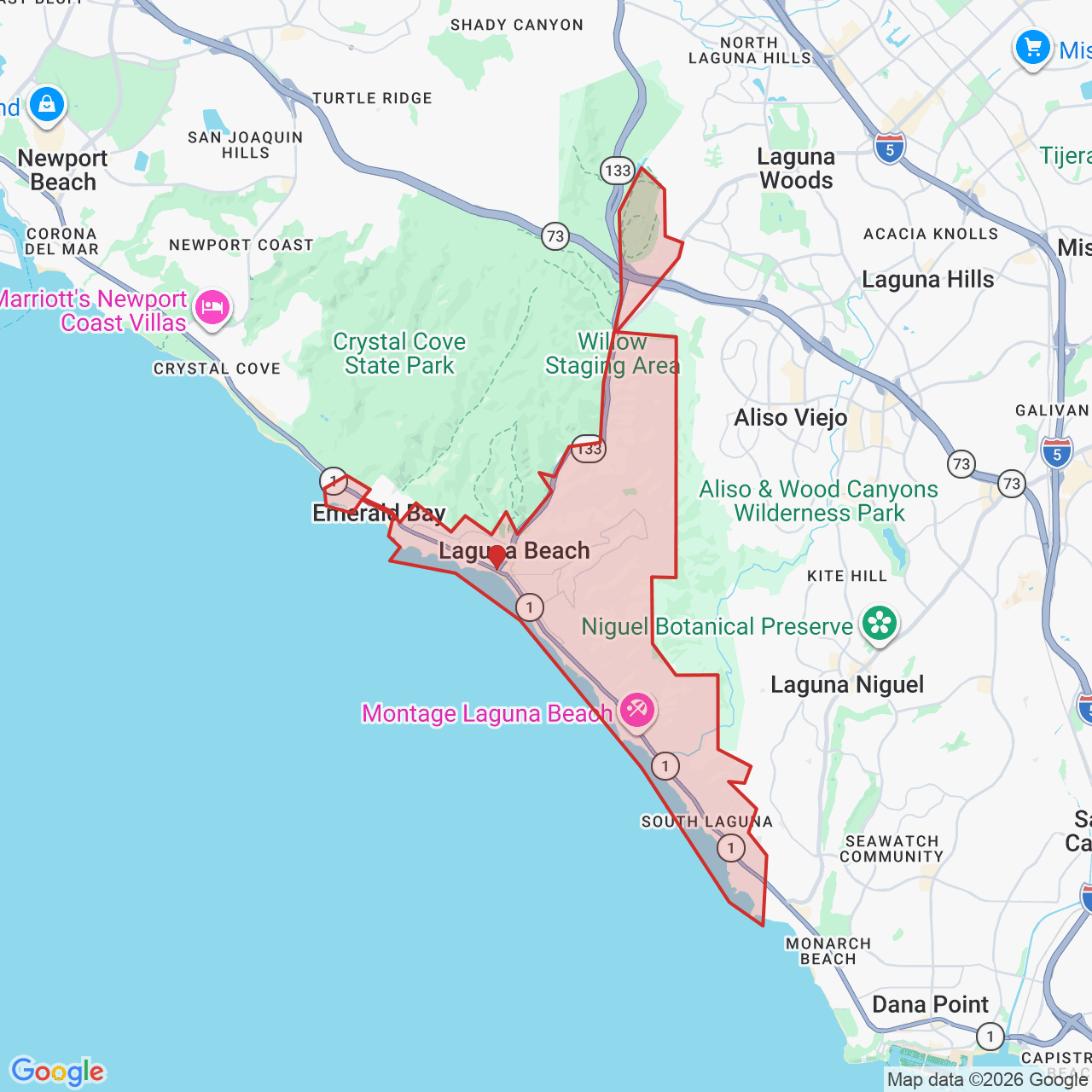 Map showing House of Kringle's Santa visit service location in Laguna Beach, Orange County, with the city boundary outlined in red.