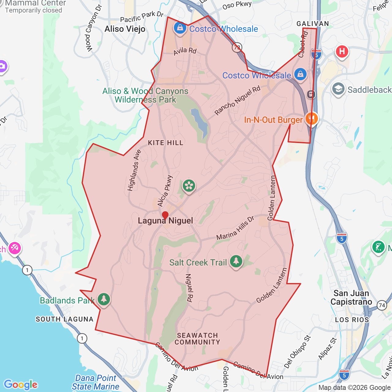 Map showing House of Kringle's Santa visit service location in Laguna Niguel, Orange County, with the city boundary outlined in red.