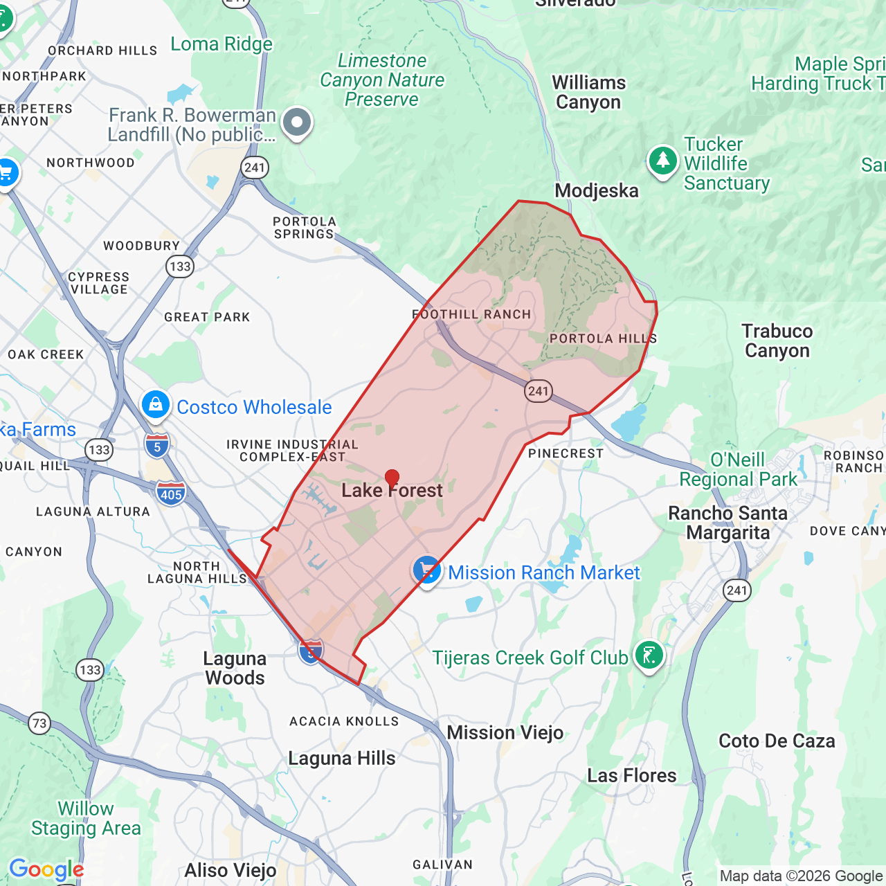 Map showing House of Kringle's Santa visit service location in Lake Forest, Orange County, with the city boundary outlined in red.