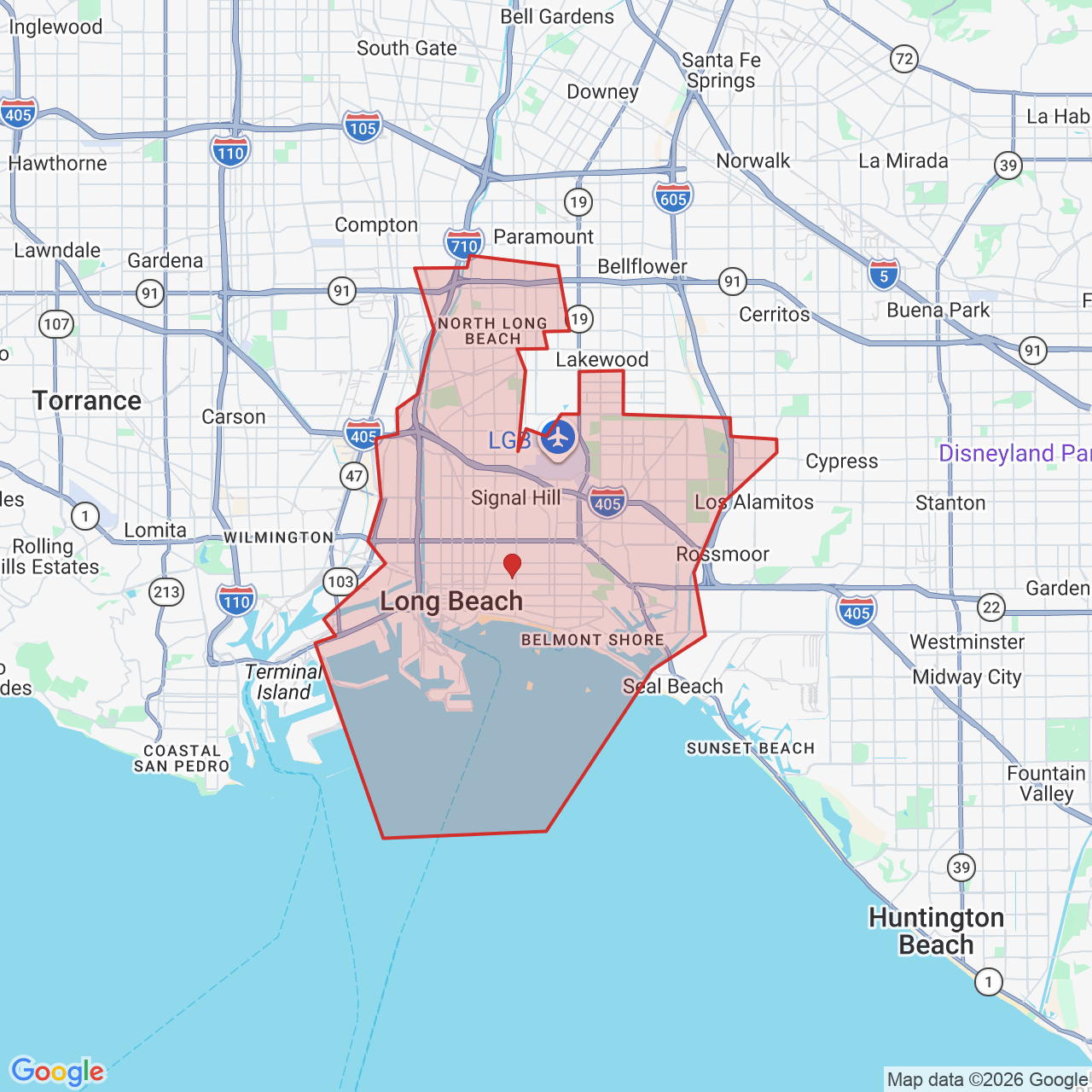 Map showing House of Kringle's Santa visit service location in Long Beach, Los Angeles County, with the city boundary outlined in red.