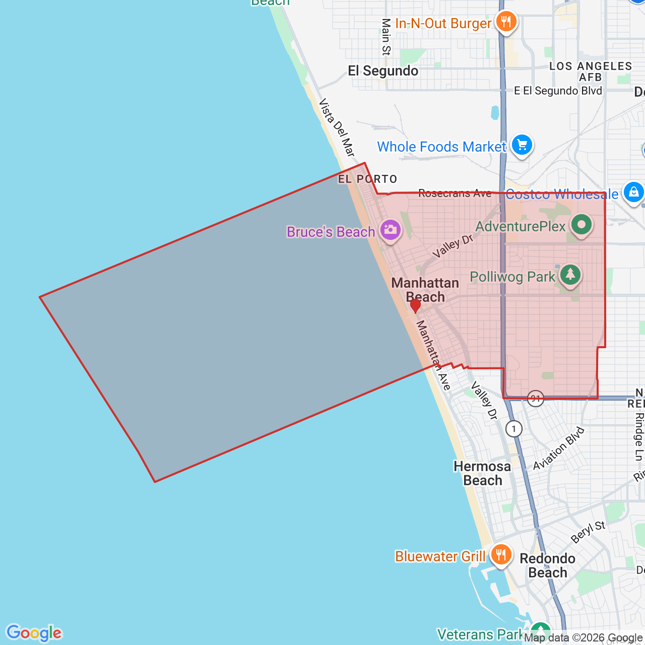 Map showing House of Kringle's Santa visit service location in Manhattan Beach, Los Angeles County, with the city boundary outlined in red.