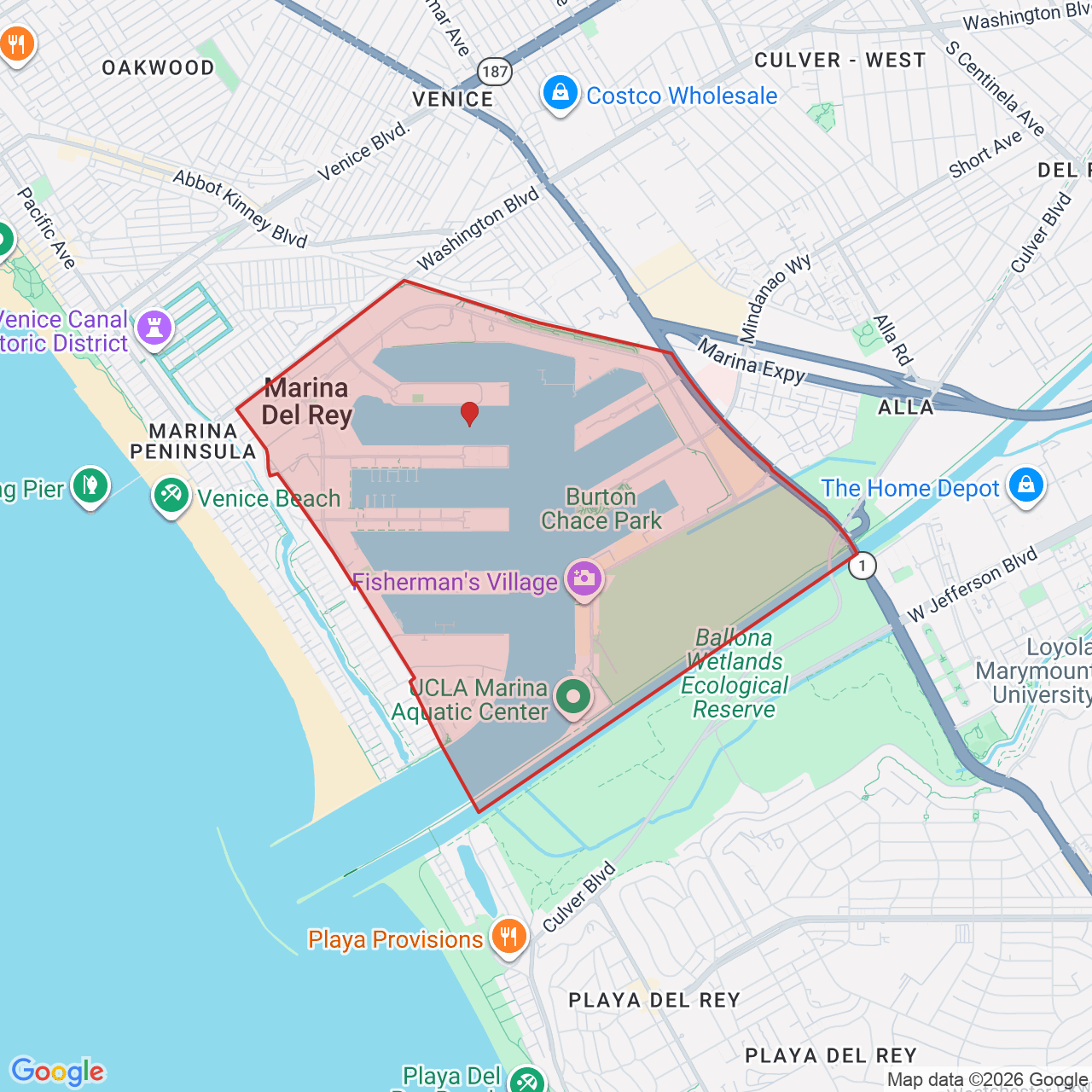 Map showing House of Kringle's Santa visit service location in Marina del Rey, Los Angeles County, with the city boundary outlined in red.