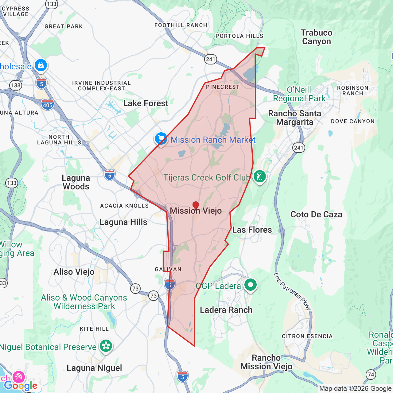 Map showing House of Kringle's Santa visit service location in Mission Viejo, Orange County, with the city boundary outlined in red.