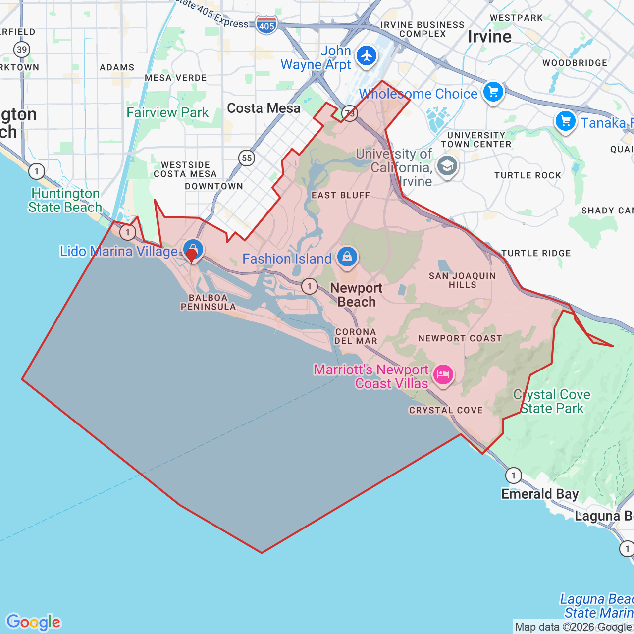 Map showing House of Kringle's Santa visit service location in Newport Beach, Orange County, with the city boundary outlined in red.