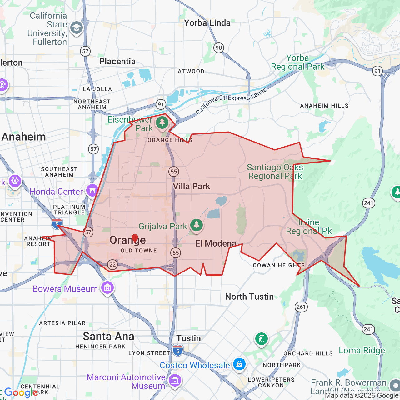 Map showing House of Kringle's Santa visit service location in Orange, Orange County, with the city boundary outlined in red.