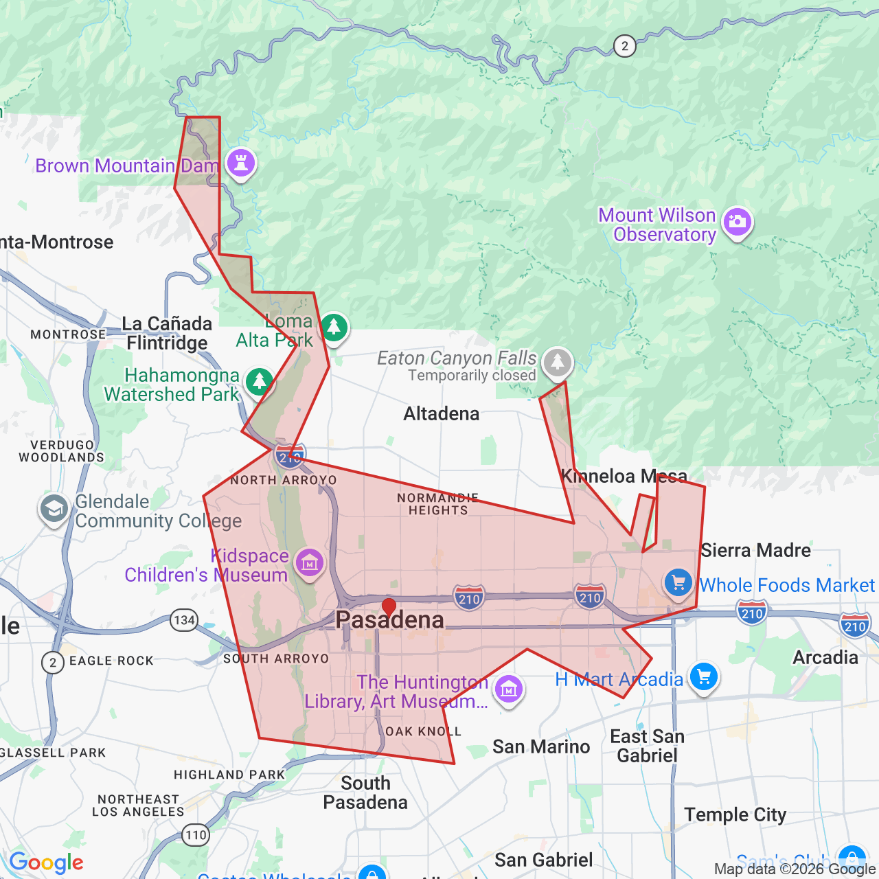 Map showing House of Kringle's Santa visit service location in Pasadena, Los Angeles County, with the city boundary outlined in red.