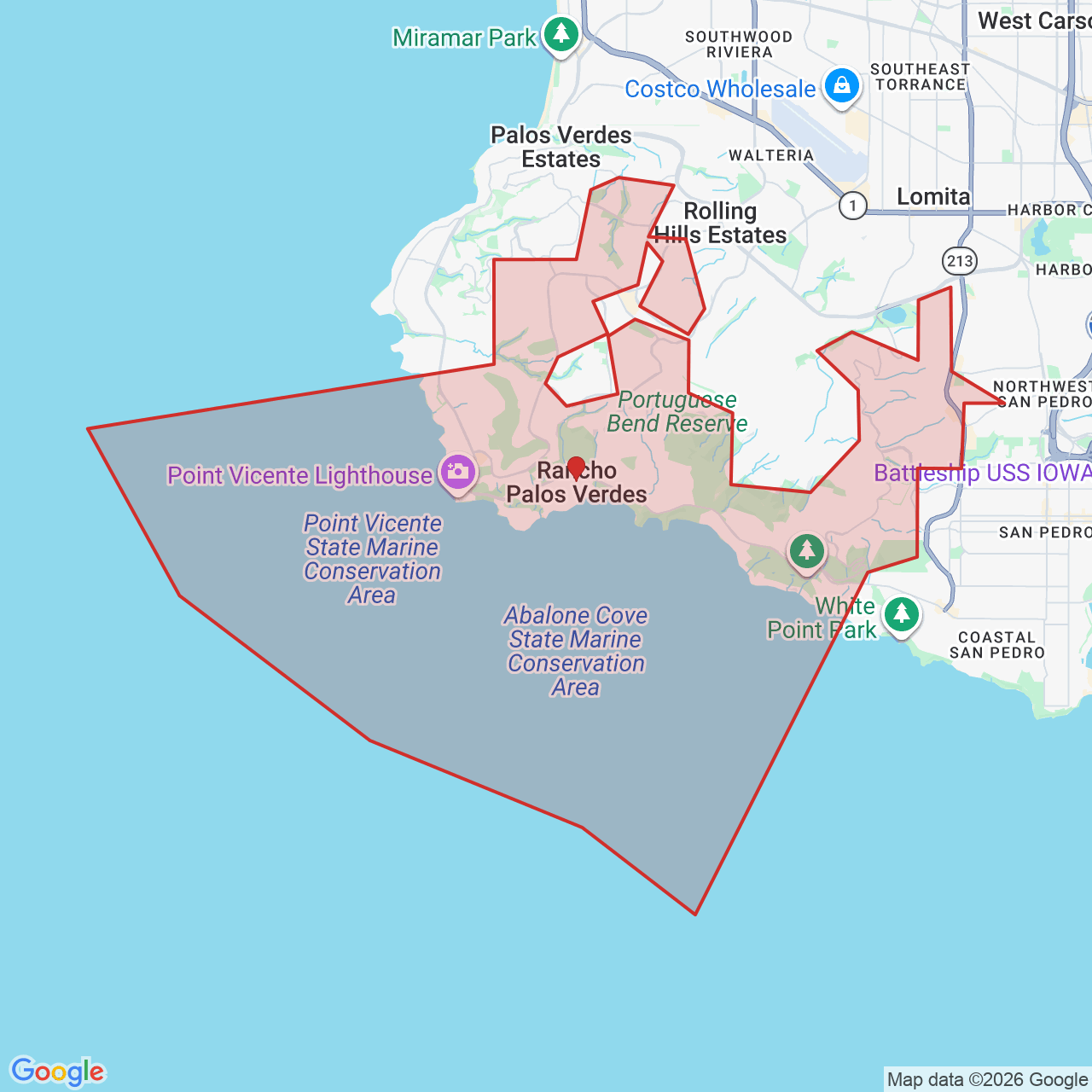 Map showing House of Kringle's Santa visit service location in Rancho Palos Verdes, Los Angeles County, with the city boundary outlined in red.