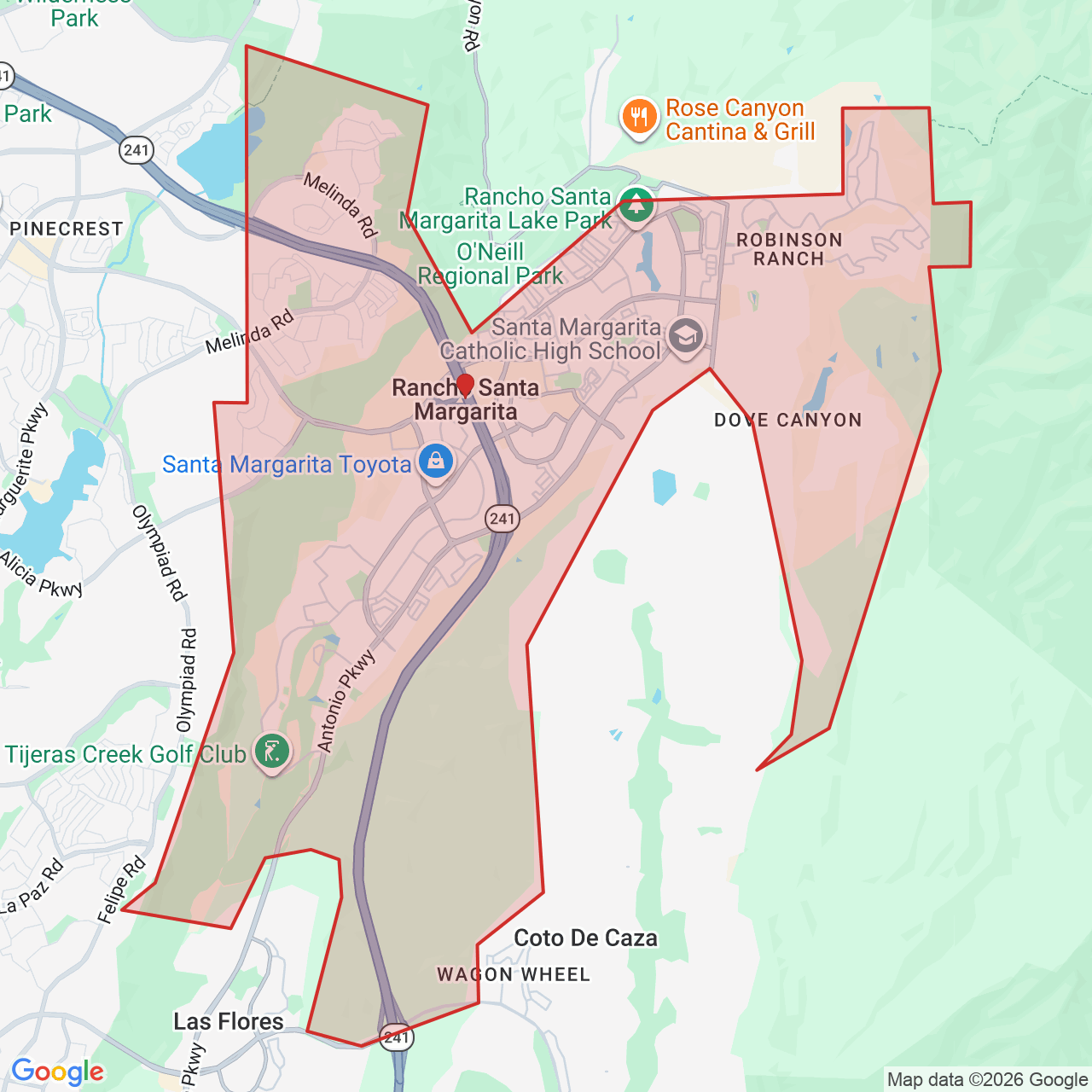 Map showing House of Kringle's Santa visit service location in Rancho Santa Margarita, Orange County, with the city boundary outlined in red.