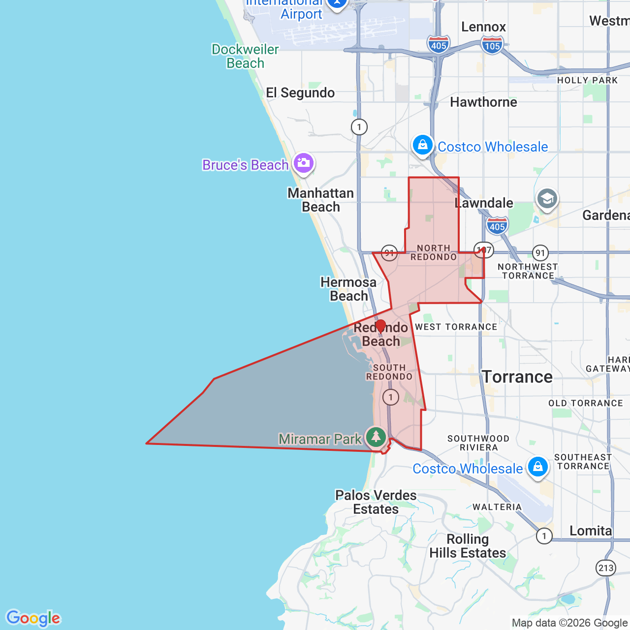 Map showing House of Kringle's Santa visit service location in Redondo Beach, Los Angeles County, with the city boundary outlined in red.