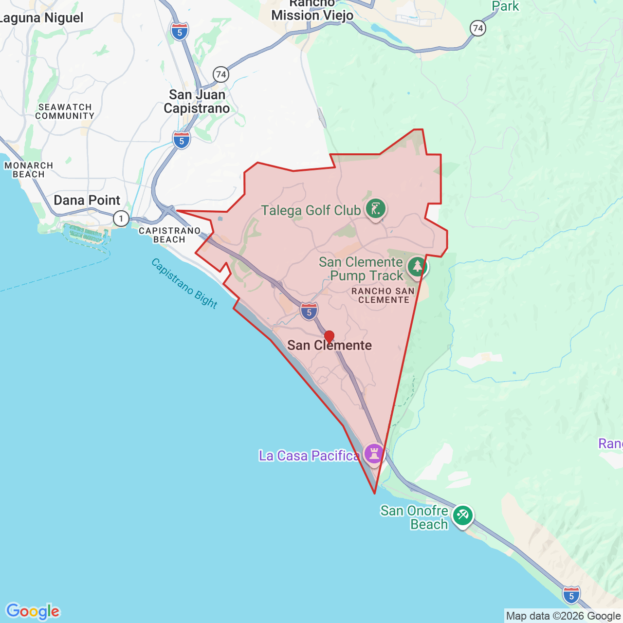 Map showing House of Kringle's Santa visit service location in San Clemente, Orange County, with the city boundary outlined in red.
