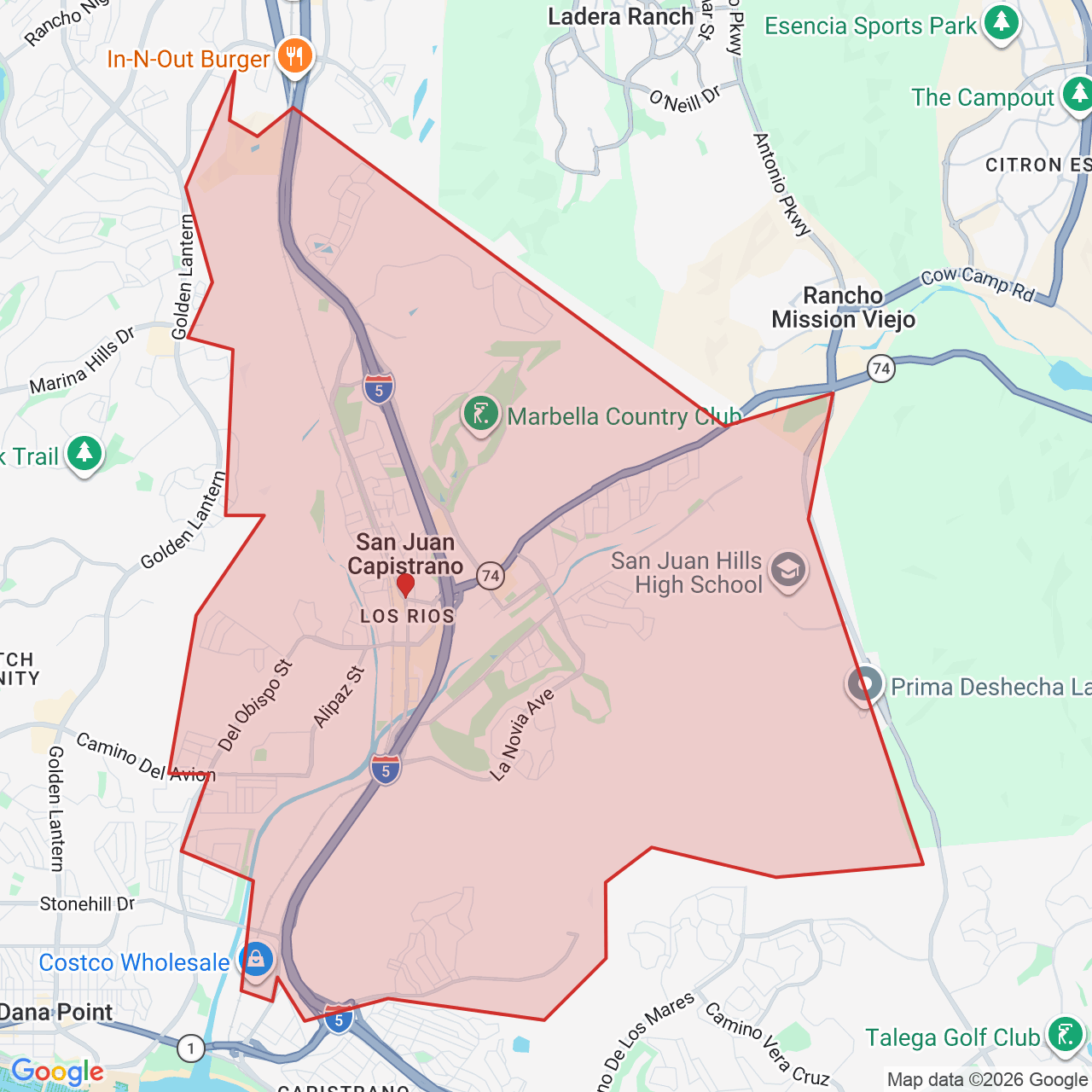 Map showing House of Kringle's Santa visit service location in San Juan Capistrano, Orange County, with the city boundary outlined in red.