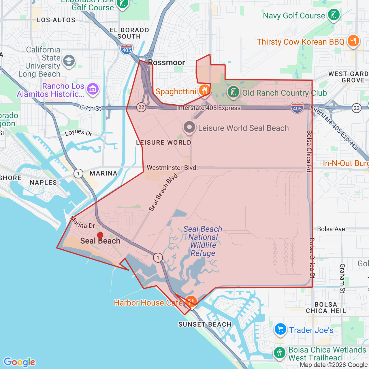 Map showing House of Kringle's Santa visit service location in Seal Beach, Orange County, with the city boundary outlined in red.